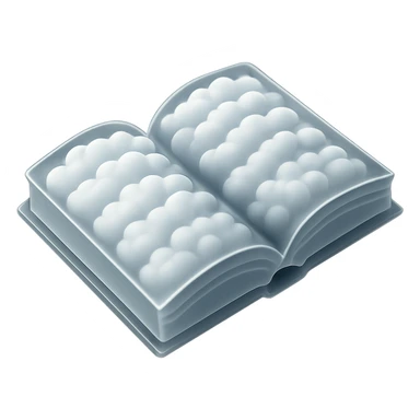 thick open book viewed from above, entirely made of small very bright white fluffy convex clouds, matte glass style sticker