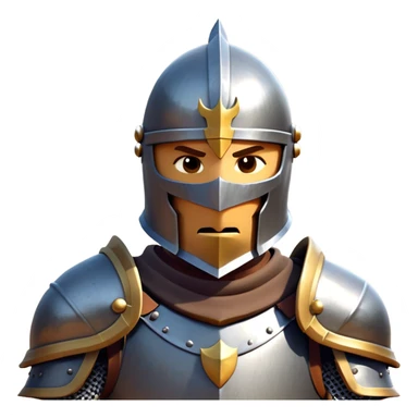 clash-of-clans-aesthetic_-cinematic-fearsome-and-majestic-knight-bust-portrait-emoji, rendered in a flat, vector-style with minimal shading and bold, simplified shapes, depicting a battle-ready medieval knight with steely eyes and intricate armor, mounted on a warhorse reflecting sunlight over a misty battlefield. sticker