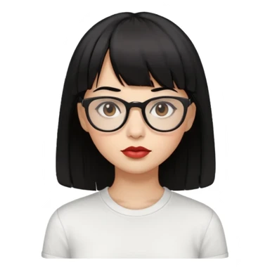 uma mulher snapchat icon, cor da pele normal, cabelo preto liso solto com franja, óculos pretos, piercing na boca e nariz, olhos castanhos, camisa branca sticker