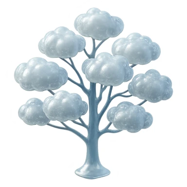 one tree with many branches and a white trunk, crown made of small very bright white fluffy convex clouds, matte glass style sticker