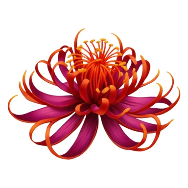 small delicate cluster of vivid red saffron threads with fine slightly curled strands and wispy tips, lightweight dry slightly glossy filaments, loosely arranged to highlight airy structure, soft lighting, subtle shadows, emoji scale sticker