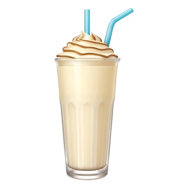 A 3D cartoon tall glass of vanilla milkshake with a straw, smooth creamy texture, light froth on top, subtle reflections, soft warm light, Memoji-style. sticker