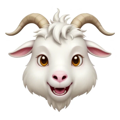 Cinematic Comical White Goat Portrait Emoji, Head tilted dramatically with an exaggeratedly amused expression, featuring a sleek white fur with a prominently quirky set of curved horns, wide, expressive eyes filled with playful disbelief, Simplified yet hilariously expressive features, highly detailed, glowing with a slightly sassy glow, high shine, dramatic yet playful, stylized with an air of cheeky mischief, bright and endearing, soft glowing outline, capturing the essence of a spirited and over-the-top goat, so meme-worthy it feels like it could side-eye its way into internet fame instantly! sticker
