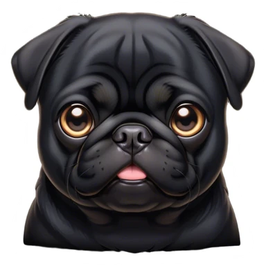 Cinematic Noble Black Pug Portrait Emoji, Poised and regal, with a compact, sturdy build and a sleek, shiny pure black coat, deep-set soulful dark eyes, Simplified yet sharp and sophisticated features, highly detailed, glowing with a soft, dignified glow, high shine, intelligent and spirited, stylized with an air of confidence, focused and attentive, soft glowing outline, capturing the essence of a watchful and commanding companion, so majestic it feels as though it could prance out of the screen with effortless authority! sticker