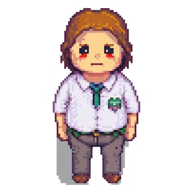 A businessperson with a rumbling stomach and a sad face, pixel art style sticker