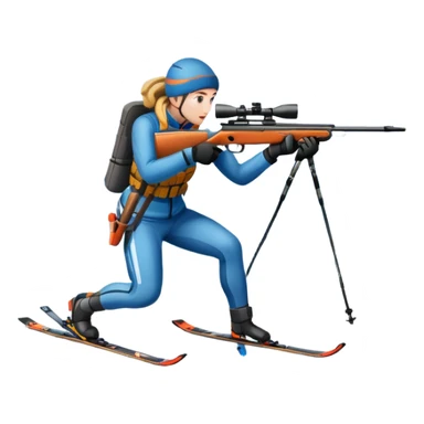 An icon showing a snowy landscape with pine trees, mountains, and a clear sky with a biathlete aiming a rifle in the foreground, wearing winter gear and skis. Transparent background emphasizes the precision, endurance, and beauty of this winter sport. sticker