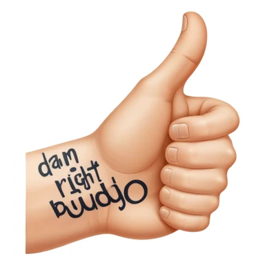Hand with thumbs up with quote “damn right I do buddy” tattooed on top of hand thumbs up motioning good yes sticker