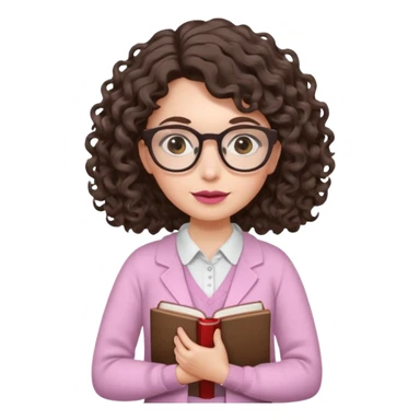 A crazy female scientist, with curly-wavy dark brown hair, brown eyes and light grey glasses and pale skin and pinkish lips, dressed to look like an english teacher sticker
