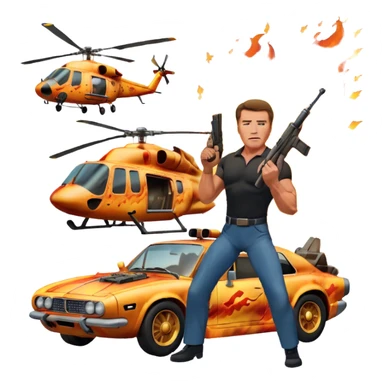 Icon for Action Movies: Arnold Schwarzenegger in the lead role, in an intense action pose with weapons, explosions, a car and helicopter flying out of flames in the background. The design should capture the explosive energy and heroism of classic action films. Transparent background. sticker
