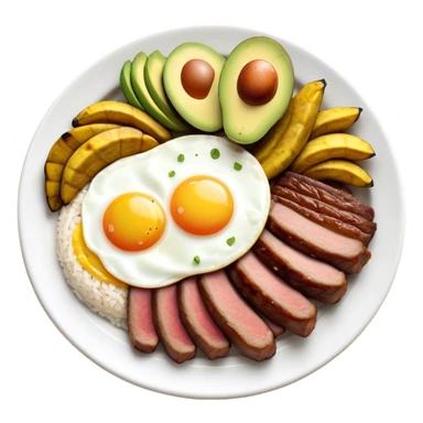 Cinematic Realistic Bandeja Paisa Dish Emoji, depicted as a hearty platter featuring beans, rice, meat, and plantains rendered with detailed textures and vibrant, robust lighting. sticker