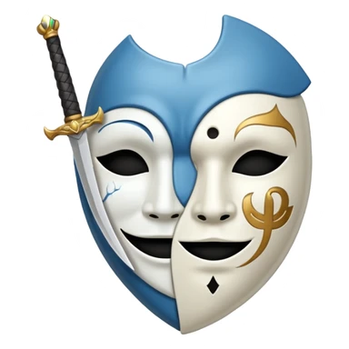 A sword in the middle, on the write sad mask and on the left happy mask sticker