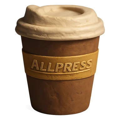 3D claymation style Allpress coffee cup, brown and gold colors, transparent background sticker