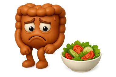 EMOJI STILE IPHONE DI UN INTESTINO UMANO ANATOMICO CHE GUARDA UN INSALATA CON ESPRESSIONE TRISTE E RASSEGNATA IN VOLTO: SOFFRE LA FAME PERCHé è A DIETA, FAGLI ANCHE LA PARTE BIANCA DEGLI OCCHI, NON SOLO LE PUPILLE, IPERREALISTICO 4K sticker