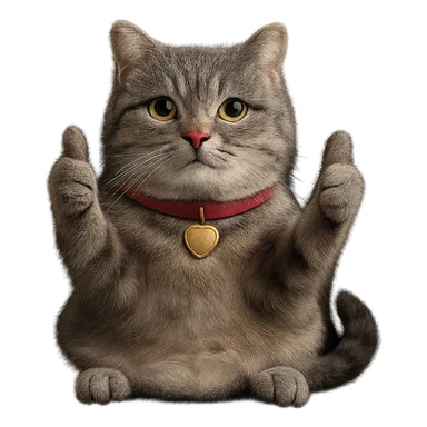 Make this British Shorthair cat giving a thumbs up look more realistic, keep the pose and cheerful expression, no background, photorealistic style. sticker