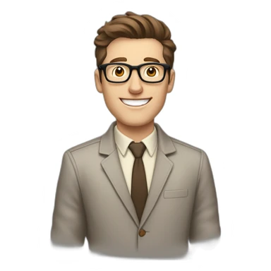 Joyful Pale skinned Fit Man With dark brown hair in gray jacket, beige office shirt, Brown pants and vintage glasses. His thrumbs up sticker