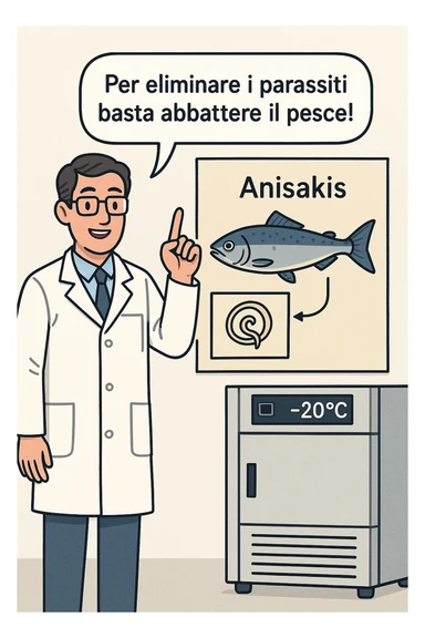  a scientist in a white lab coat stands beside a large poster showing a fish and a diagram of the Anisakis parasite. The scientist points to a speech bubble that says, “Per eliminare i parassiti basta abbattere il pesce!” In the background, a blast freezer is visible, with a temperature gauge set to -20°C. The mood is informative and reassuring. In italiano sticker