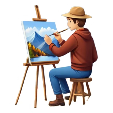 Artist painting a beautiful autumn mountain peak destination on canvas sticker