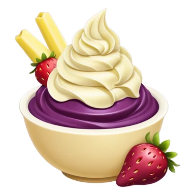 acai purple soft serve in a bowl strawberries and chopped banana sticker