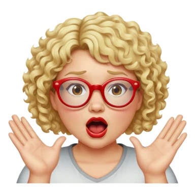 Blonde woman with short curly hair, slightly overweight, wearing red-framed glasses, shouting with hands on both sides of her mouth sticker