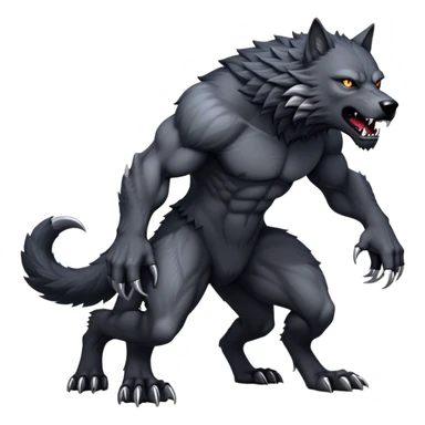 cinematic-noble-fierce-werewolf-full body on all fours-emoji, poised-and-imposing, with a tall, lean, and muscular wolfish frame inspired by the brutal, imposing shape of the beast from Berserk, fur rippling in shades of midnight black and silver, massive paws with razor-sharp claws, elongated limbs and fangs, eyes glowing with an intense, primal ferocity, reflecting the untamed power of the wild moonlit night; rendered with realism sticker