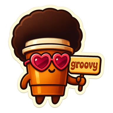 Tall coffee cup, no mouth, afro, heart glasses, holding sign "groovy" sticker