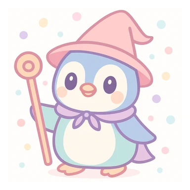cute cartoon style penguin dressed as a wizard, with a pointy hat and a magic staff sticker