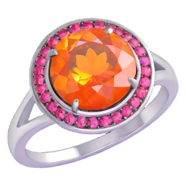 round cut pink fire opal with vibrant pink and orange flashes, silver bezel setting, silver jump ring sticker