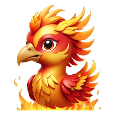 Cinematic Cute fierce & powerful Fire Phoenix Portrait Emoji, Head tilted playfully and inquisitively, showcasing a vibrant, flame-kissed form with intricately detailed feathers in warm shades of red, orange, and shimmering gold, accented by delicate sparks and a gentle, inviting glow; rendered with lifelike detail and soft, radiant light, high shine, enchanting and spirited, styled with a touch of mythic whimsy, soft glowing outline, capturing the essence of a mischievous yet endearing phoenix poised to flutter playfully into your heart! sticker