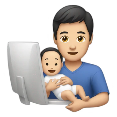 asian man on a computer holding a baby sticker