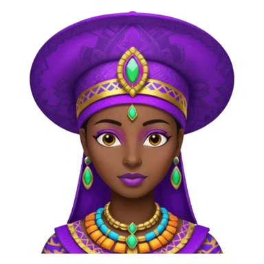 Create me an emoji of a beautiful Ethiopian Queen of Sheba wearing a neon purple gradient African patterns with metallic "isicholo" (a Zulu-inspired hat).  sticker