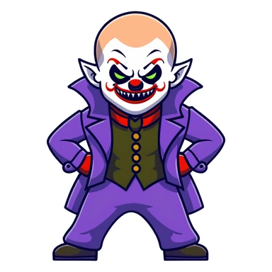 evil clown warrior, bald, small black horns on forehead, fangs, pointed ears, eye patch over one eye, long coat over black and military green leisure suit with bellbottom pants, tail, realistically proportioned, less bulky, full body visible, battle-ready fighting posture sticker