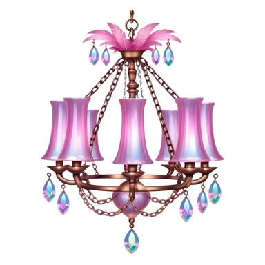 PInk iridescent Bell with chained hanging crystals LAMP with feathers CHANDELIER sticker