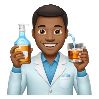 Black man grinning, holding mouthwash and a cup of whiskey, teeth sparkling, black background sticker