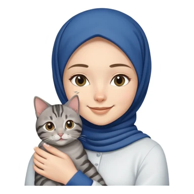 White girl wearing dark blue hijab with white shirt smiling while holding a black grey tabby cat sticker