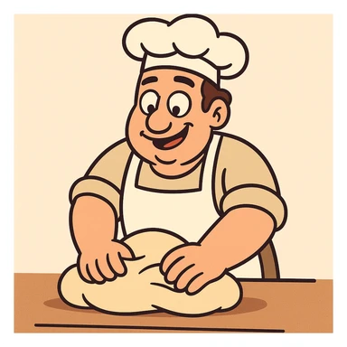 baker kneading dough, wearing baker's hat and apron, bright and friendly style sticker