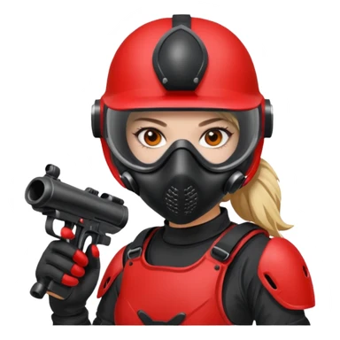 girl playing paintball with red paintball gear and only face sticker
