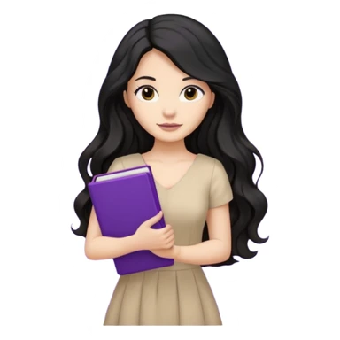 Long Hair Women with purple Book, Black wavy hair, beige dress sticker