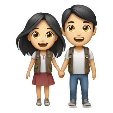 Cute Asian couple (girl with long hair) excitedly traveling  sticker