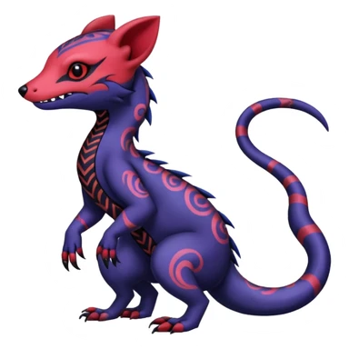 Rare warm-colored exotic gloomy tropical edgy cute epic aesthetic spooky indigo violet white black red gothic colorful Salandit-Noibat-Civet-species-Fakemon-hybrid-creature, with tribal tattoo markings, full body sticker