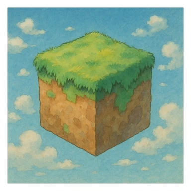 minecraft world icon, whimsical cube-shaped planet with grassy top and earthy sides, soft colors sticker