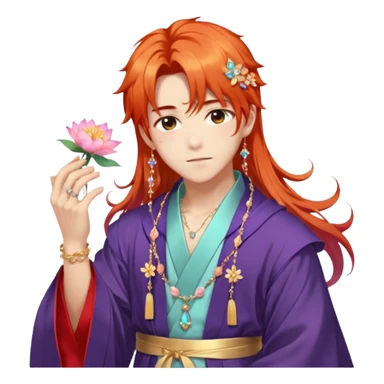 Beautiful gorgeous blushing Korean-Japanese-youthful elegant handsome anime guy with beautiful fiery-special-medium-long-hair, fashion aesthetic, ethereal, fairycore, pastelcore, flower petals, crystals, layered robes, accessories, jewelries, gold, colorful, shiny, trending style, outside sticker