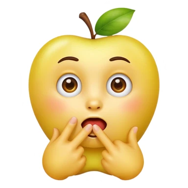 yellow apple style emoji with surprised expression saying 'me?', finger on chest, very direct pose, clean white background sticker