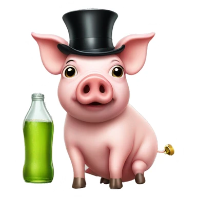 A pig with a top hat and a monocle drinking a bottle that says apple juice sticker