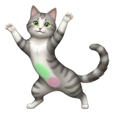grey and white cat with green eyes doing a big extremely long stretch reaching up into the air with arms and legs side by side together straight and overextended sticker