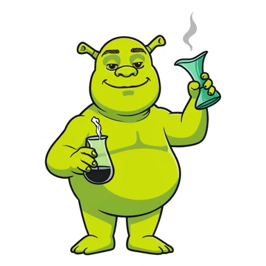 Shrek drinking from a smoking vase, hemp leaves in background sticker