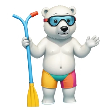 friendly anthropomorphised polar bear standing in a small puddle, wearing colorful board shorts, scuba mask over eyes, snorkel tube attached sticker