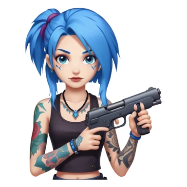Jinx from League of Legends with blue hair and tattoos, holding guns sticker
