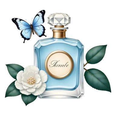 A nostalgic composition of an antique perfume bottle with a crystal stopper, an old love letter, and a single pale blue butterfly resting atop a white camellia.
 sticker