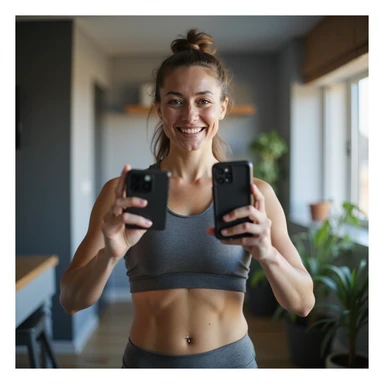 sporty woman in technical clothing, front pose with smile, recording video check for coach with smartphone, modern and tidy home environment, hyperrealistic details, 4K sticker