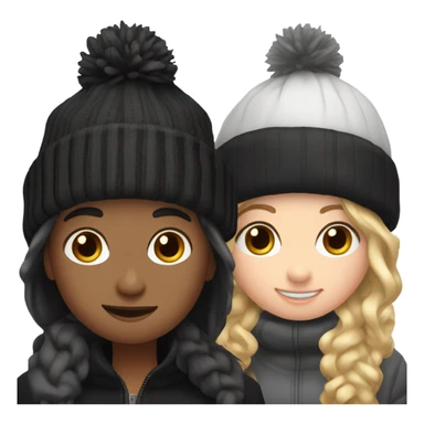 2 best friend, one of them is brown and blonde wavy hair in black winter cap, and the othet one is black straight hair with black winter cap sticker